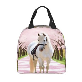 PrelerDIY White Horse Lunch Box Insulated Lunch Bags for Kids Boys Girls Reusable Lunch Tote Bags for School Camping Hiking Picnic Beach Travel