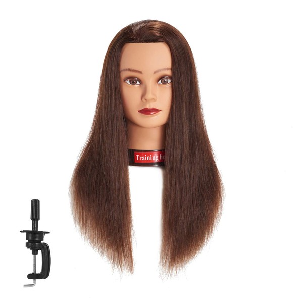 Traininghead 20-22" Female 100% Human Hair Mannequin Head Hair Styling Training Head Cosmetology Manikin Head Doll Head for Hairdresser with Free Clamp (brown)