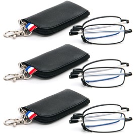 REAVEE 3 Pack Folding Reading Glasses for Men Women with Keychain Compact Bags Blue Light Blocking Portable Pocket Computer Readers,Black 2.25