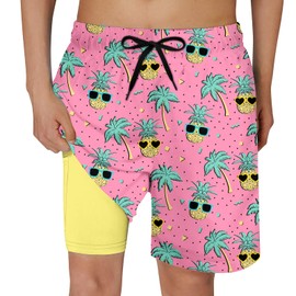 Cozople Little Boys Swim Trunks with Stretchy Boxer Brief Liner Bathing Suit Stylish Pink Pineapple Swimming Shorts Summer UPF Quick Dry Boardshorts for Beachwear Swimwear Size 4t