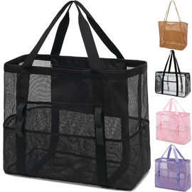 Fammart Mesh Beach Bag, Extra Large Beach Tote with Zipper Pocket Pool Bag for Cruise/Swim/Vacation Essentials
