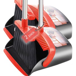 2-Pack is More economical,Brooms with Dustpan Combo Set， with 52" Long Handle, Dustpan Teeth with self-Cleaning Function, Indoor and Outdoor Sweeping, Perfect for Home Office (Large/Red /2-Pack)