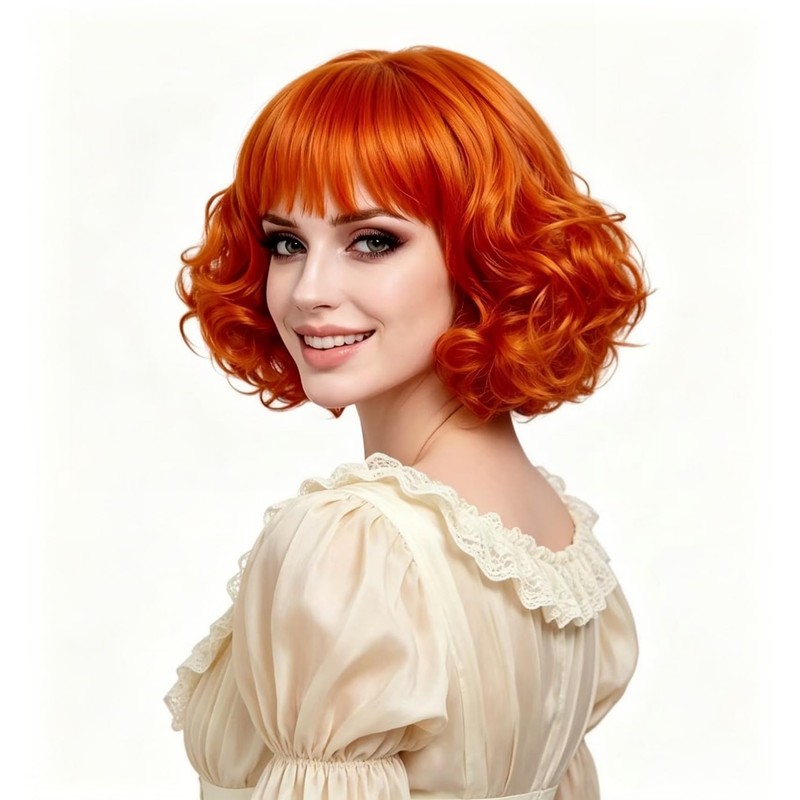 Rugelyss Short Curly Wavy Auburn Copper Red Wig with Bangs