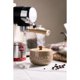 LYEOBOH Sugar Bowl with Lid and Spoon,17 OZ Cute Sugar Jar Container for Countertop, Ceramic Sugar Holder for Coffee Bar, Azucarera for Farmhouse, Rustic Home and Kitchen, Speckled Khaki