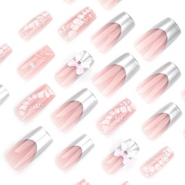 24 Pcs Pink Press on Nails Medium Square - YEFIUO 3D Silver French Fake Nails Press ons Fall Winter Nail Art Tip Full Cover Acrylic False Nails Glue on Nails Kit with Bow Nail Charms Design for Women