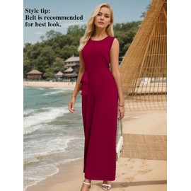 LALACAT One Piece Jumpsuits for Women Dressy Summer Casual Sleeveless Crew Neck Wide Leg Pants Rompers with Waist Belt(J2425-Red-L)