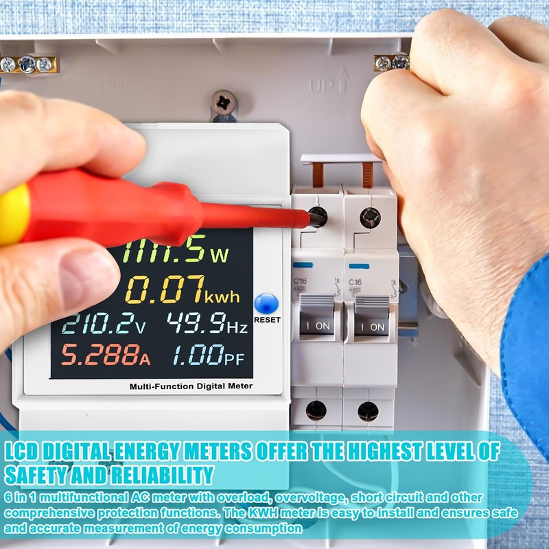 Electricity Meter, DIN Rail, LCD Digital Energy Meter, 6-in-1 Multifunctional