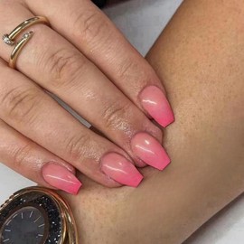 Ombre Pink Press on Nails Short Medium Square,SXVME Rose Pink Glue on Nails,French Fake Nails Acrylic Nails Press ons T-Shaped Short Coffin Nails for Women 24 PCS