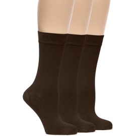 HUGH UGOLI Womens Soft Bamboo Dress Socks, Thin Crew Socks for Business, Trouser & Casual, Non-Binding & Breathable, 3 Pairs, Brown, Shoe Size: 9-12
