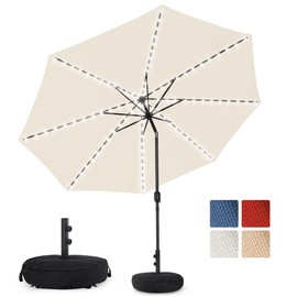 Sundale Outdoor Olefin 5-Year-Non-Fading Solar 104 LED 11FT Solar Patio Umbrella with Sand Bag Base, Outdoor Umbrella with Tilt and Crank, Beige