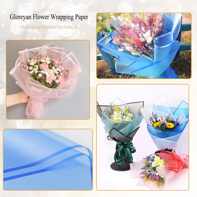 Gloreyan 20 Sheets Blue Flower Wrapping Paper, Florist Bouquet DIY