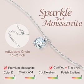 SecreTalk 1-5CT Moissanite Pendant Necklace for Women, 4-Prong 925 Sterling Silver D Color Necklace with Certificate of Authenticity (1CT, White Gold Plated Silver)