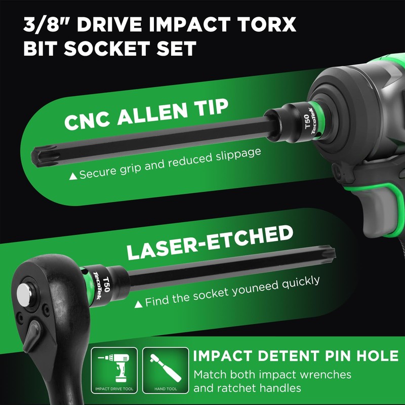 TecoTek 3/8" Drive Impact Torx Bit Socket Set, Extra Long