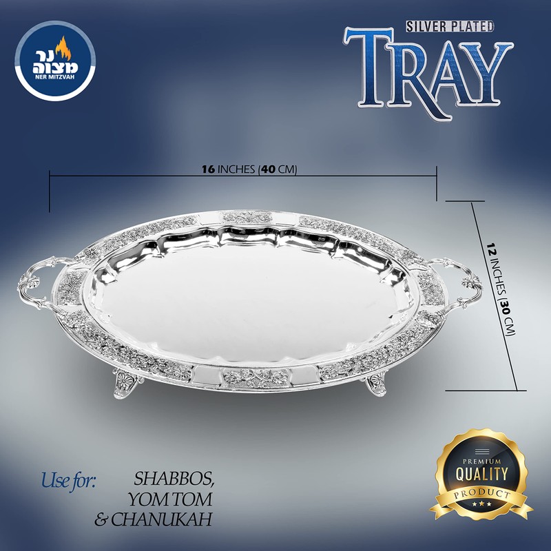 Ner Mitzvah Silver Plated Menorah Tray with Handles, for Shabbos,