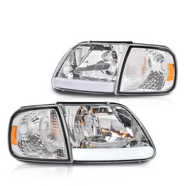 GRAND ORANGE LED Style Headlights & Corner Parking Lights Kit Set Compatible with 1997-2004 Ford F150 /1997-1999 F250 /1997-2002 Ford Expedition Clear Lens Chrome Housing Amber Reflector