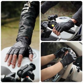 FIORETTO Men Genuine Leather Gloves Fingerless Gloves Half Finger Gloves for Driving Motorcycle Black Large