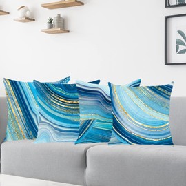 MissOwl Soft Velvet Throw Pillow Covers Blue Gold Abstract Art Home Decor Square Pillowcase Cushion Cover for Living Room Bedroom Sofa Couch Car 18 x 18 Inch Set of 4