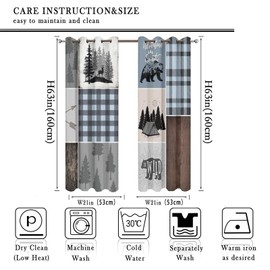 Kazynee Rustic Bear Deer Blackout Curtains for Bedroom,Retro Farmhouse Forest Animals Blue Plaid Check Grommet Thermal Insulated Room Darkening Curtains Window Curtains 2 Panels 63L x 21W