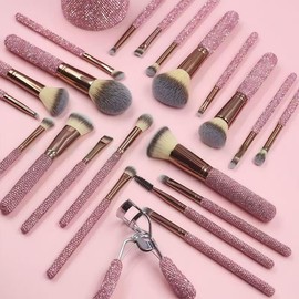 Professional Set de Brochas de Maquillaje, 23 Piezas, Sintéticas Rosa y Blanco, Mango de Diamante, para Polvo, Contorno y Sombras de Ojos (rosa)      
