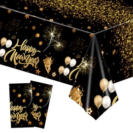 JazSwirl New Year Tablecloth, 2-Pack New Years Table Decorations, 54 x 108 Inches Happy New Year Tablecloth, Disposable Happy New Year Table Cover for New Year’s Eve Table Decorations