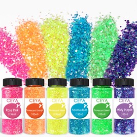 Ceya Bulk Chunky Glitter 6 Assorted Colors, 4.23OZ Each Jar Iridescent Crafts Glitter Set, 1/24” Medium Size Nail Sequins for School Classroom Art,DIY Craft Slime,Blue,Pink,Orange, Green,Yellow,Purple