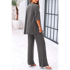 KIRUNDO Pajamas for Women Set 2025 Summer Loose Short Sleeve Shirts Casual Wide Leg Lounge Pants Matching Outfits Tracksuit Set Soft Women's Clothing(Dark Grey, Large)