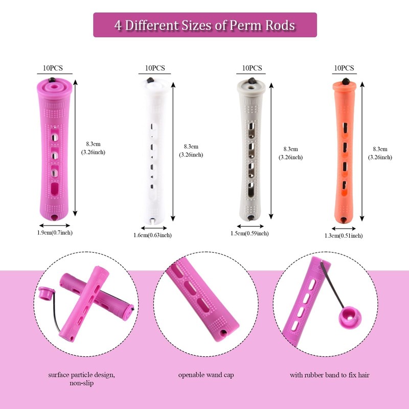 40Pcs Perm Rods Permanent Wave Curling Rods 4 Sizes Plastic