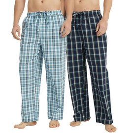 Vulcanodon 2 Pack Men's Cotton Pajama Pants, Soft Woven Pajama Pants for Men Plaid Pj Bottoms(DARK BLUE +AQUA BLUE,M)