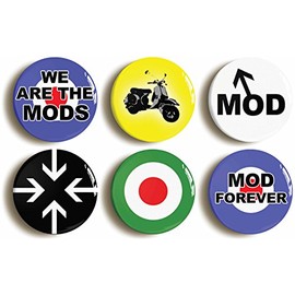 6 x MOD RETRO SIXTIES BADGES PINS BUTTONS (1inch/25mm diameter) 1960s FASHION FANCY DRESS