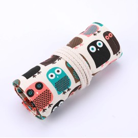 Amoyie Hand Roll Up Bag for 72 Coloring Pencil, Canvas Pencil Organiser Bag Artist Pen Carrier Bag, Pencil Wrap for Kids, Easy Use (no Pencil Included), Cute Owl 72