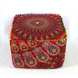 CRAFT KALA Large Hippie Mandala Meditation Floor Ottoman Pillow Cushion Pouf Cover Square Poufs Cover Bohemian Circle Floor Cushion Case Outdoor Fireplace Living Room Decor 16X16X14 inches, Red Mirchi