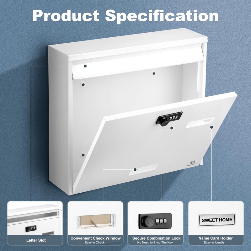 KINGCEPHAS Outside Wall-Mounted Mailbox with Combination Lock, Large Capacity, Wall