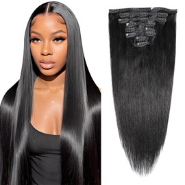 SEELAAK Clip In Hair Extensions Real Human Hair 8Pcs Set 16 Inches Remy Brazilian Straight Clip In Human Hair Extensions for Black Women 100g Natural Black Silky Straight Clip Ins (16 Inch)