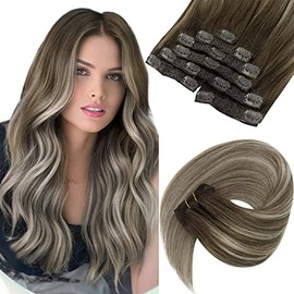 VeSunny 12in Clip in Hair Extensions Short Human Hair Balayage Ombre Clip in Extensions Natural Human Hair Dark Brown to Light Brown Mix Blonde Clip in Balayage Extensions 5pcs 70g