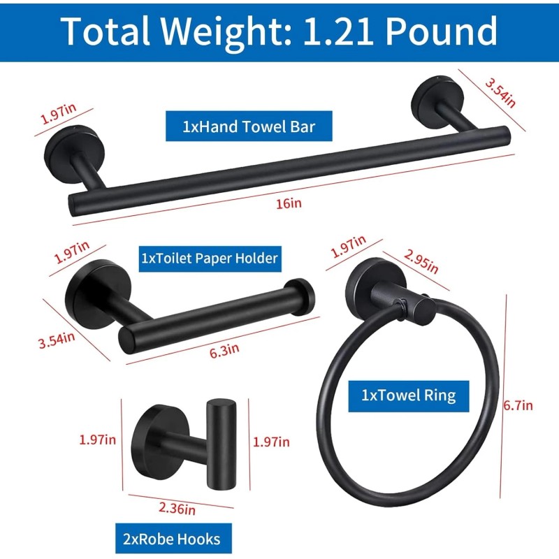 JUSTHERE 5Pcs Matte Black Bathroom Hardware Set, Towel Bar TP