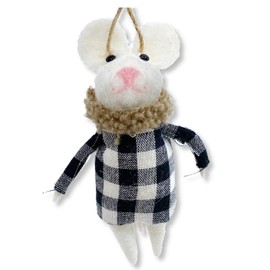 White Mouse Ornament - Wool Decoration for Christmas Tree, Black and White Plaid Check