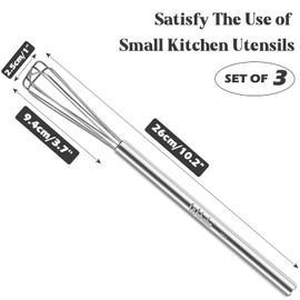 Webake Stainless Steel Whisk Mini Whisk 3 Pcs Long Egg Whisk Kitchen Small Whisk for Cooking, Whisking, Blending, Stirring