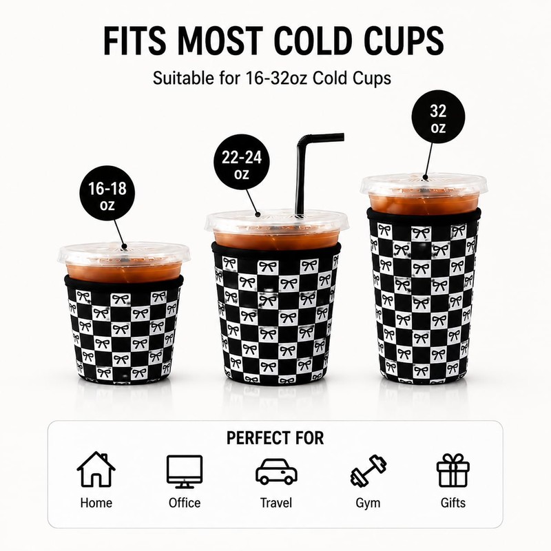 Reusable Ice Coffee Cup Sleeves for Cold Drink 16-32oz(Black Checked
