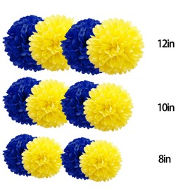 12pcs Blue and Yellow Tissue Paper Pompoms,Hanging Paper Pom Poms for Blue and Yellow Party Decoration