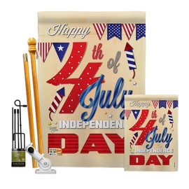 Breeze Decor Happy 4th Garden House Flag - Kit Patriotic Fourth of July Independence Day Fireworks BBQ United State American - Decoration Banner Small Yard Gift Double-Sided Made in USA 28 X 40