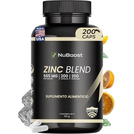 NuBoost - Zinc 20 mg con Colágeno Hidrolizado, L-Arginina y Vitamina C - 200 Cápsulas de Zinc - Suplemento para Piel, Cabello, Uñas y Rendimiento - USDA Organic, Hecho en USA