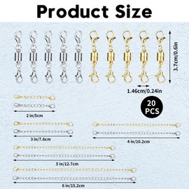 Oslynia 20 Pcs Necklace Extender Set, 10 Bracelet Necklace Extender Gold Silver in Five Size, 10 Magnetic Clasps, Bracelet Clasps and Closures, Double Lobster Clasp Alloy Chains Set for Jewelry Making