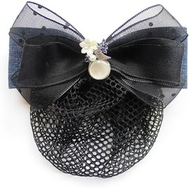 Bowknot Hair Snood Net Barrette Bun Bow Hair Clip Rhinestone Bow Bun Cover Hairnet Elastic Mesh Hair Clips (Black, One size)