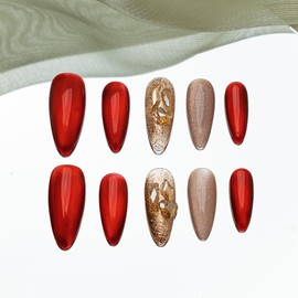 Sun&Beam Nails Handmade Nail Tip, Long, Almond, Red, Brown, Brown, False Nails, Stone, Simple, 0 Design, Stylish, Set of 10 (#214 L)