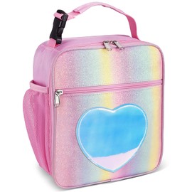 GRKJGytech Insulated Lunch Bag for Kids Girls Pink Rainbow Glitter Portable Leakproof Kids Lunch Box for Women Food Drink Pack Cooler Bag for Work School Picnic Camping