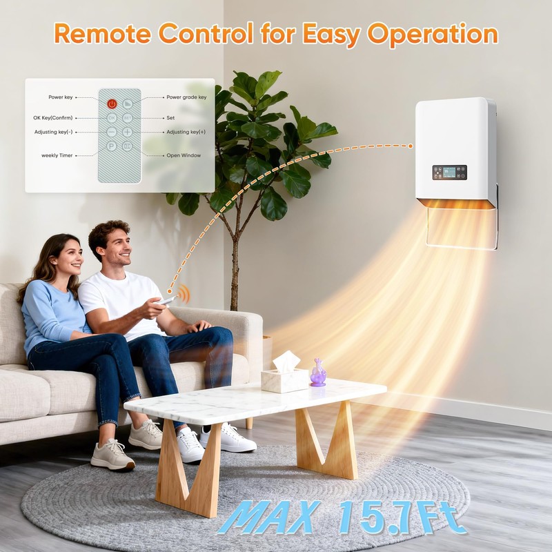 Wall Mounted Electric Heater, 1500W PTC Indoor Space Heater with