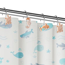 WEWIVODA Seashell Shower Curtain Hooks, 12Pcs Decorative Anti-Rust Shower Hooks, Coastal Style Curtain Hooks for Bathroom Nursery Bedroom Living Room Decoration (Turtle Starfish Dolphin)