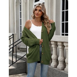 Zeagoo Women's Cardigan Long Sleeve Knitted Cardigan with Buttons Loose V-Neck Chunky Knit Jacket Casual Autumn Winter, Green, XXL
