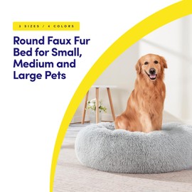 Dog & Cat Bed: Round Faux Fur Pet Bed - Plush, Cozy, & Calming Donut Bed for Medium Pets - Soft & Comfortable Sleeping Cushion for Napping & Lounging, 23" Round, Silver