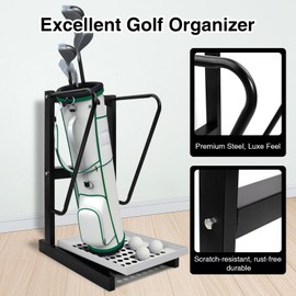 QonicFly Thickened Steel Golf Bag Stand, Golf Bag Rack for Single Bag, Golf Club Holder Stand Holds Clubs and Ball Storage, for Indoor/Home/Office/Simulator/Driving Range